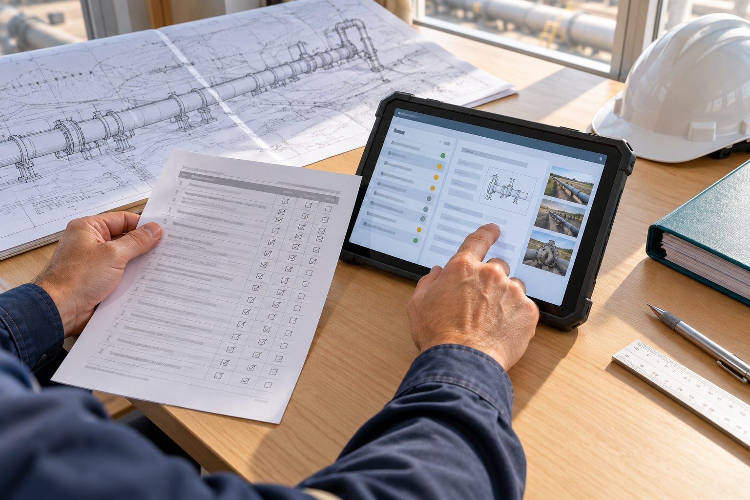 A tablet showing a pipeline inspection checklist beside paper forms, drawings and a hard hat on a desk