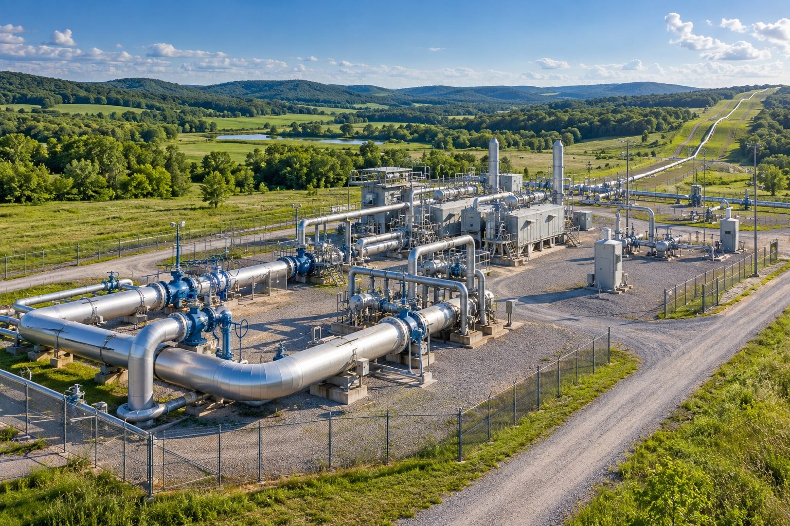 Aerial view of a gas compressor and metering station with above-ground piping, set in green farmland on a clear day