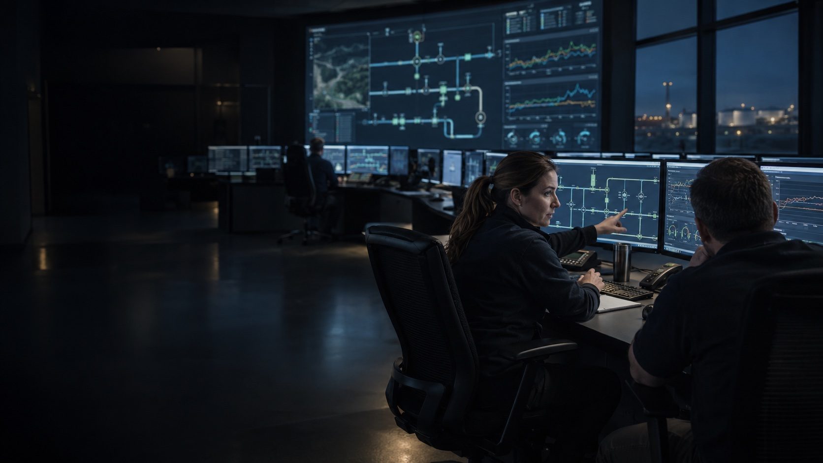 Two pipeline controllers reviewing a shift handover at their console with a wall of displays behind them