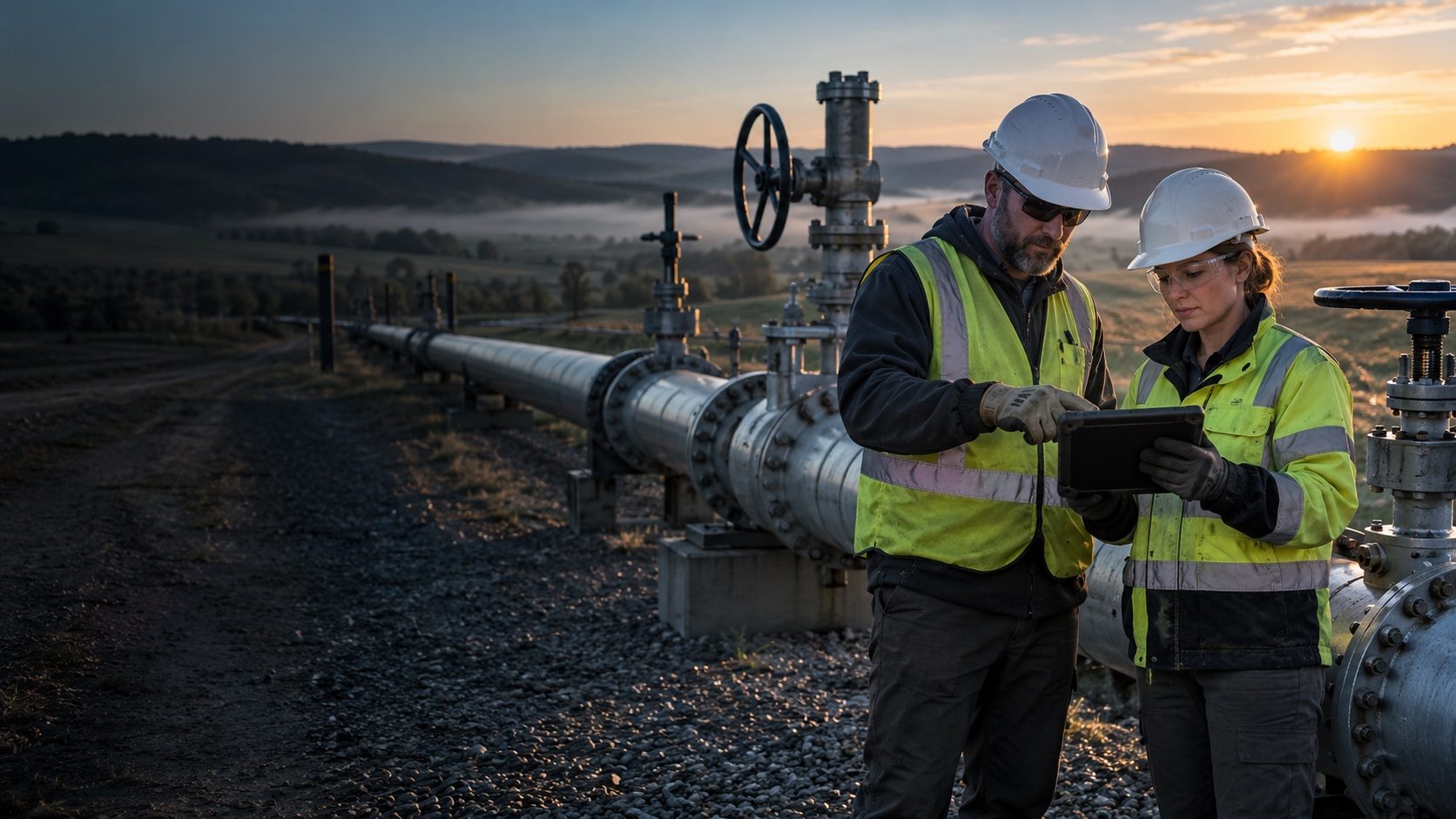 Two pipeline technicians in hard hats with a tablet beside an above-ground valve at sunrise