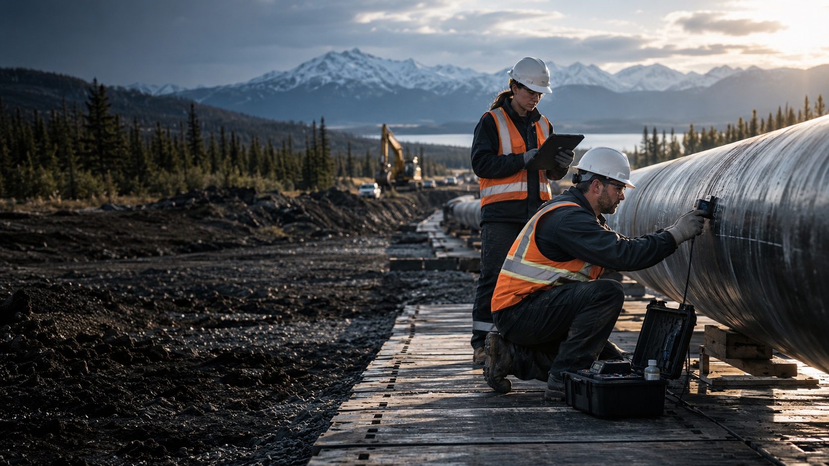 Two inspectors measuring a large-diameter pipe on a mountain right-of-way