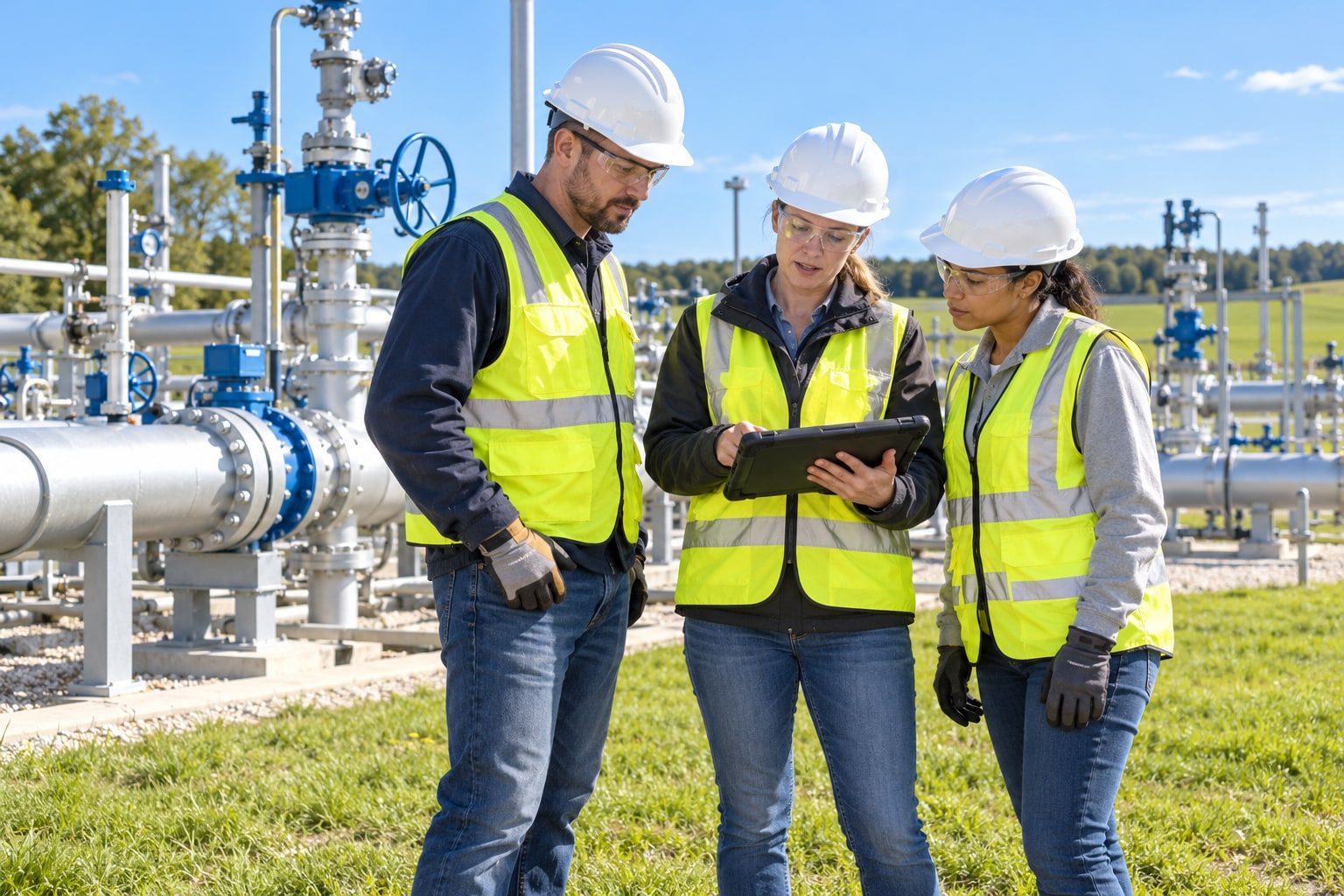 Three pipeline workers in hard hats and high-visibility vests reviewing a tablet beside a valve station