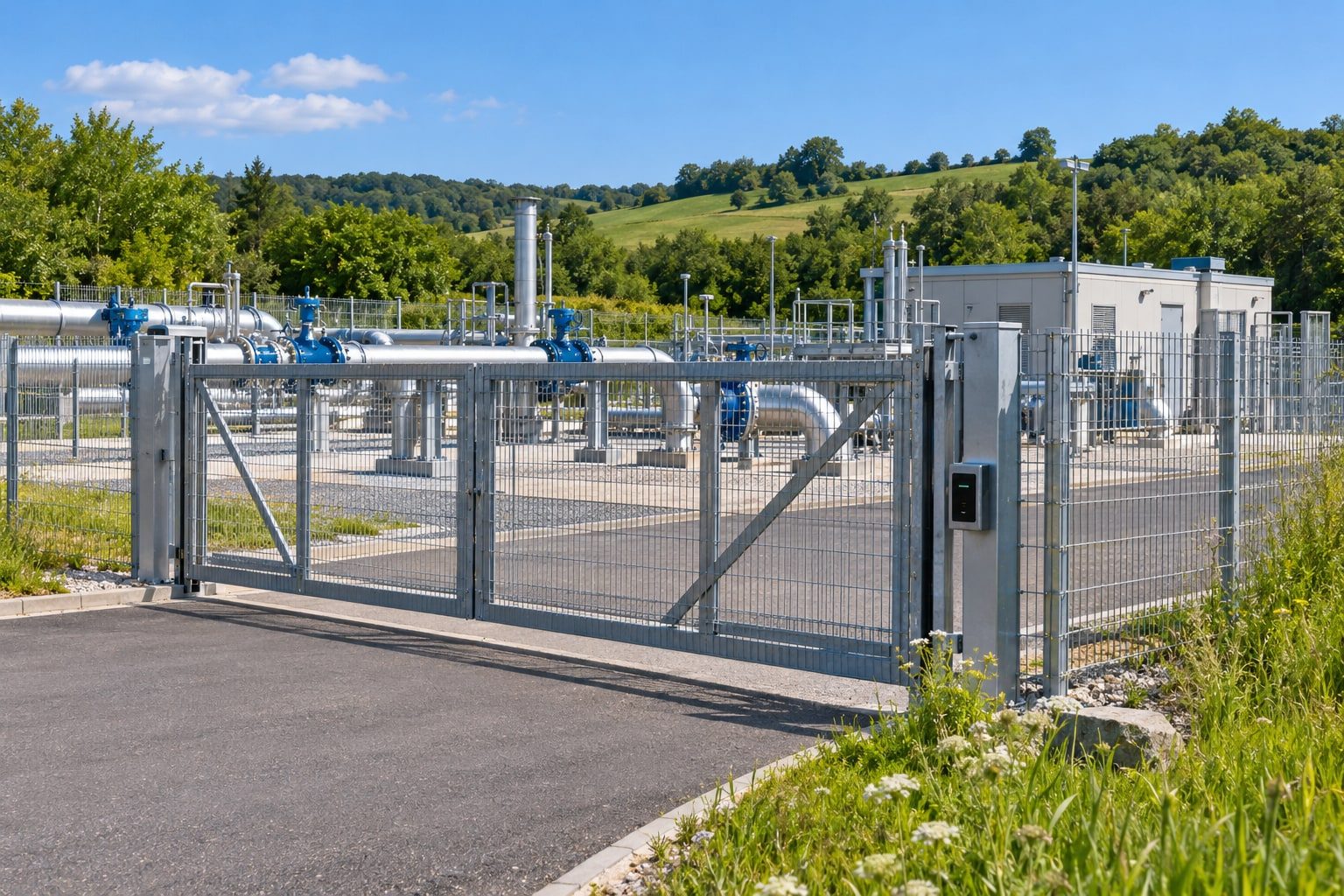 A fenced pipeline valve station behind a closed gate